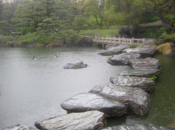 Stepping stones to wooden bridge